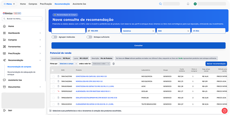 Tela de recomendação de compras no Otimiza