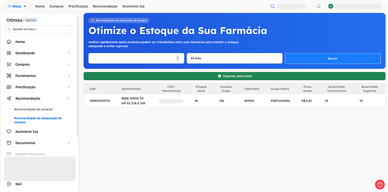 Tela de gestão de estoque no Otimiza