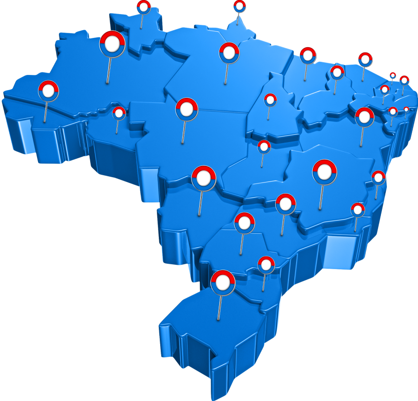 Mapa 3D do Brasil com pins de presença do Otimiza